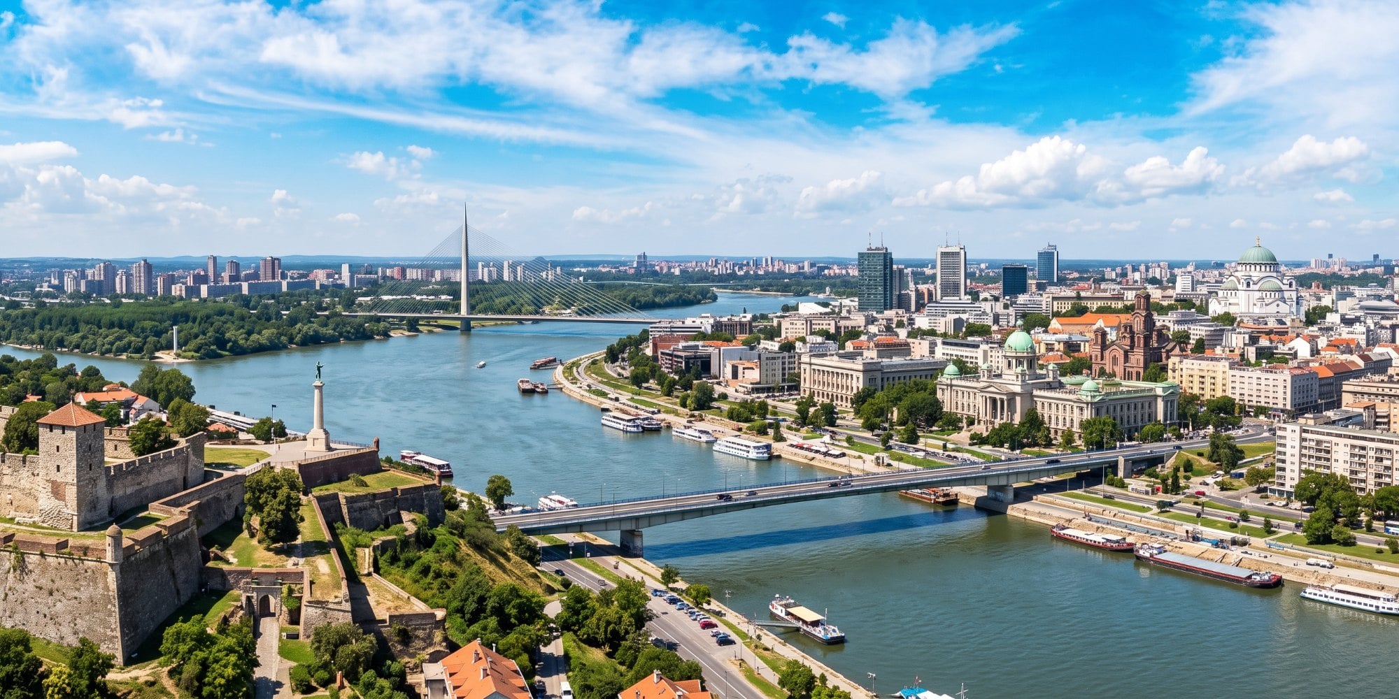 Panoramski pogled na Beograd sa Kalemegdana i ušće Save u Dunav po vedrom sunčanom danu