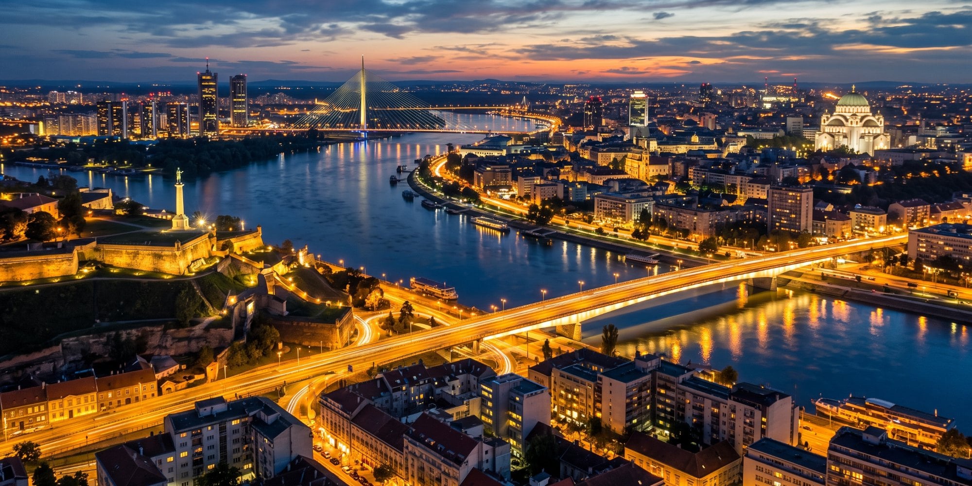 Panoramski noćni pogled na Beograd, rijeku Savu, mostove i osvijetljenu Kalemegdansku tvrđavu