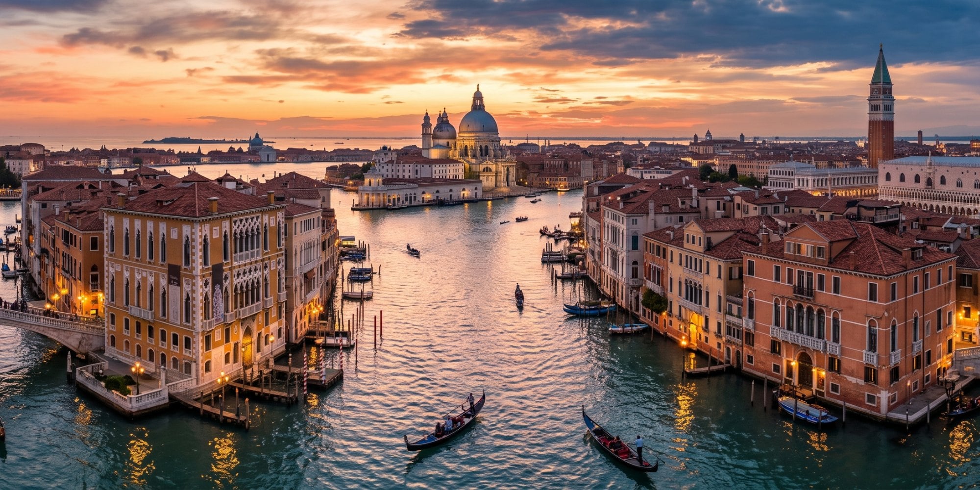 Panoramski pogled na Veneciju i Veliki kanal u sumrak, sa gondolama na vodi, istorijskim palatama i toplim svjetlima grada.